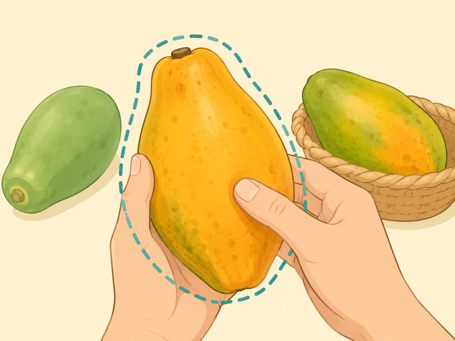 Hands checking a ripe papaya before eating.