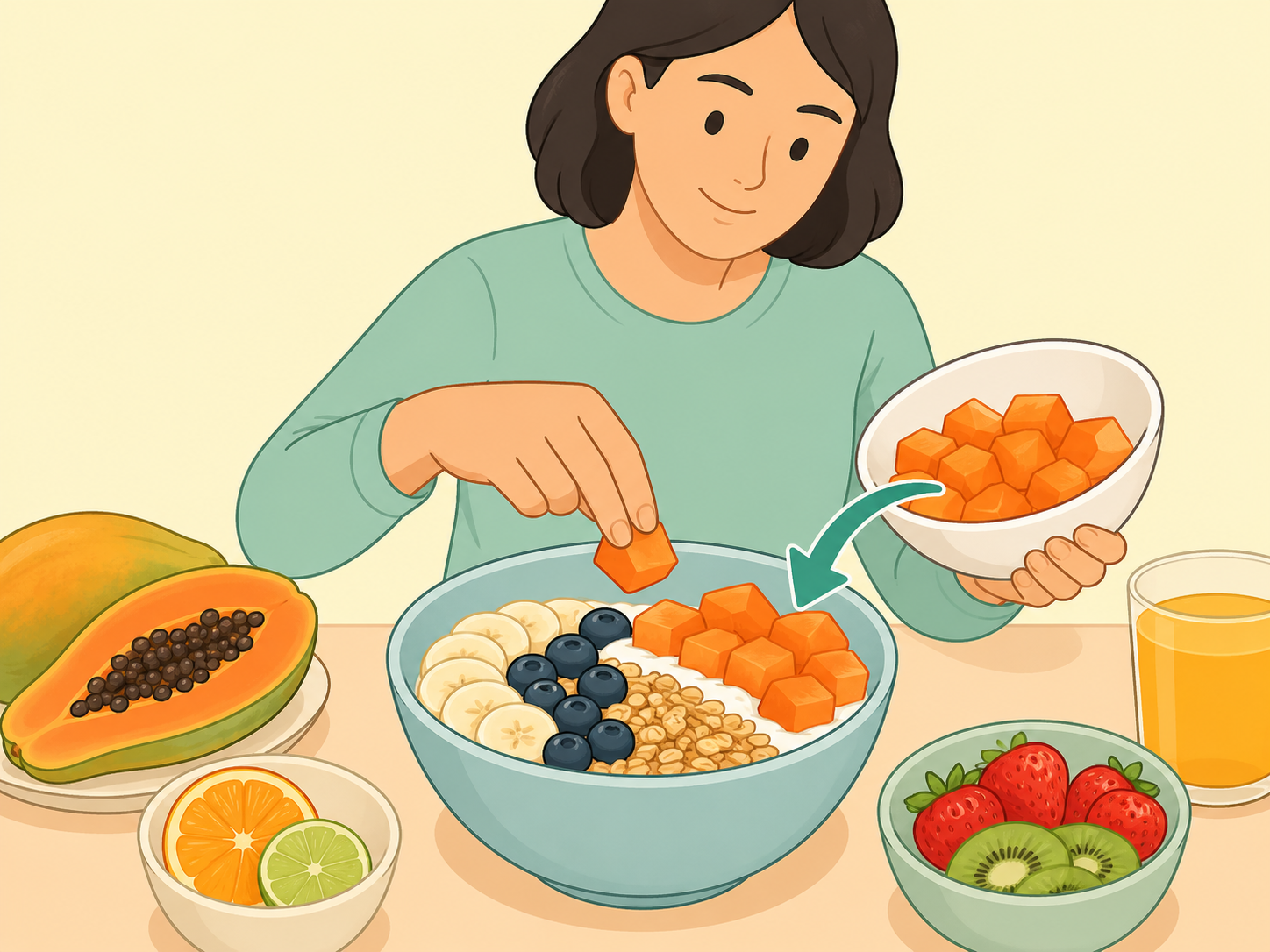 Papaya cubes added to a breakfast bowl for vitamin C.