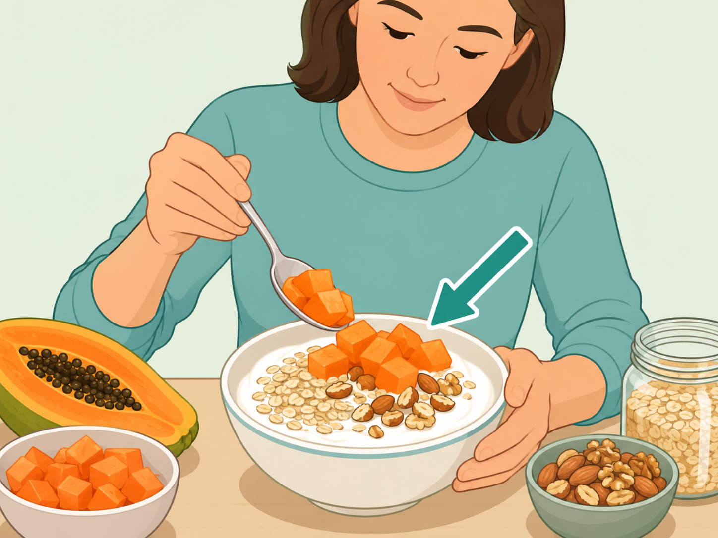 Papaya served with yogurt, nuts, and oats for a balanced snack.
