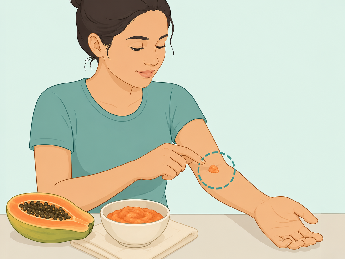 A person patch testing a papaya mask on the inner arm.