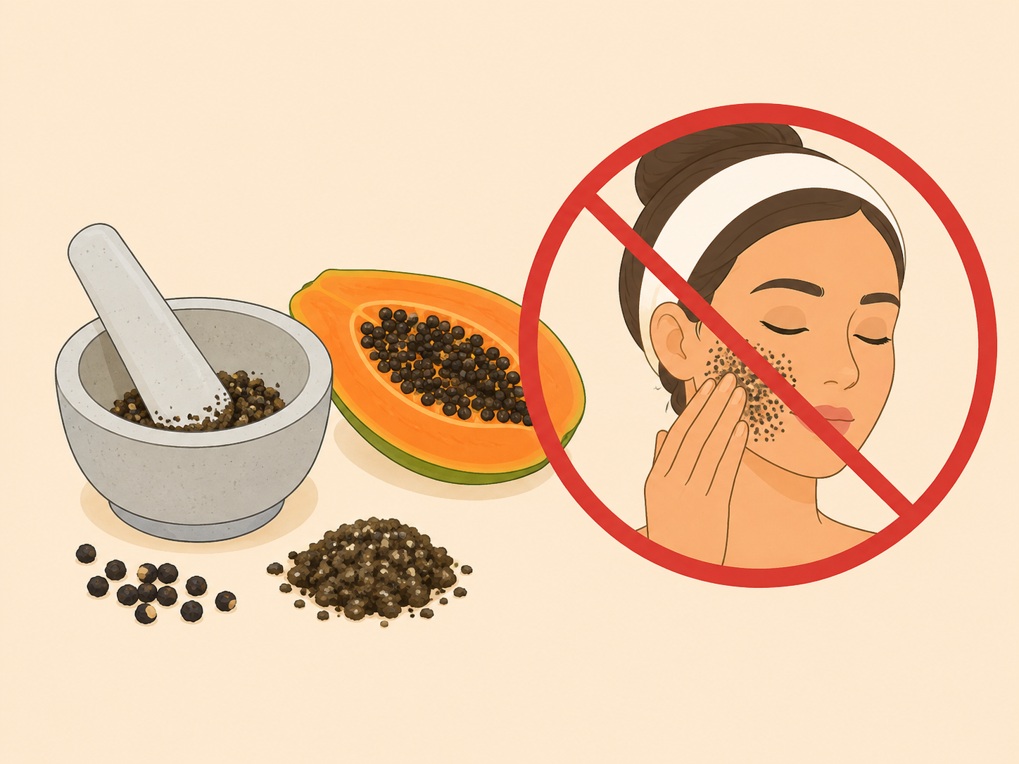 A caution illustration showing papaya seed scrub should not be used harshly on the face.