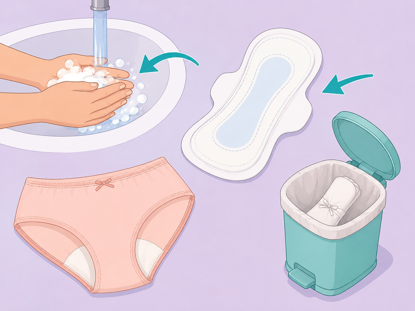 Illustration of safe sanitary pad hygiene with clean hands, a fresh pad, cotton underwear, and a waste bin.