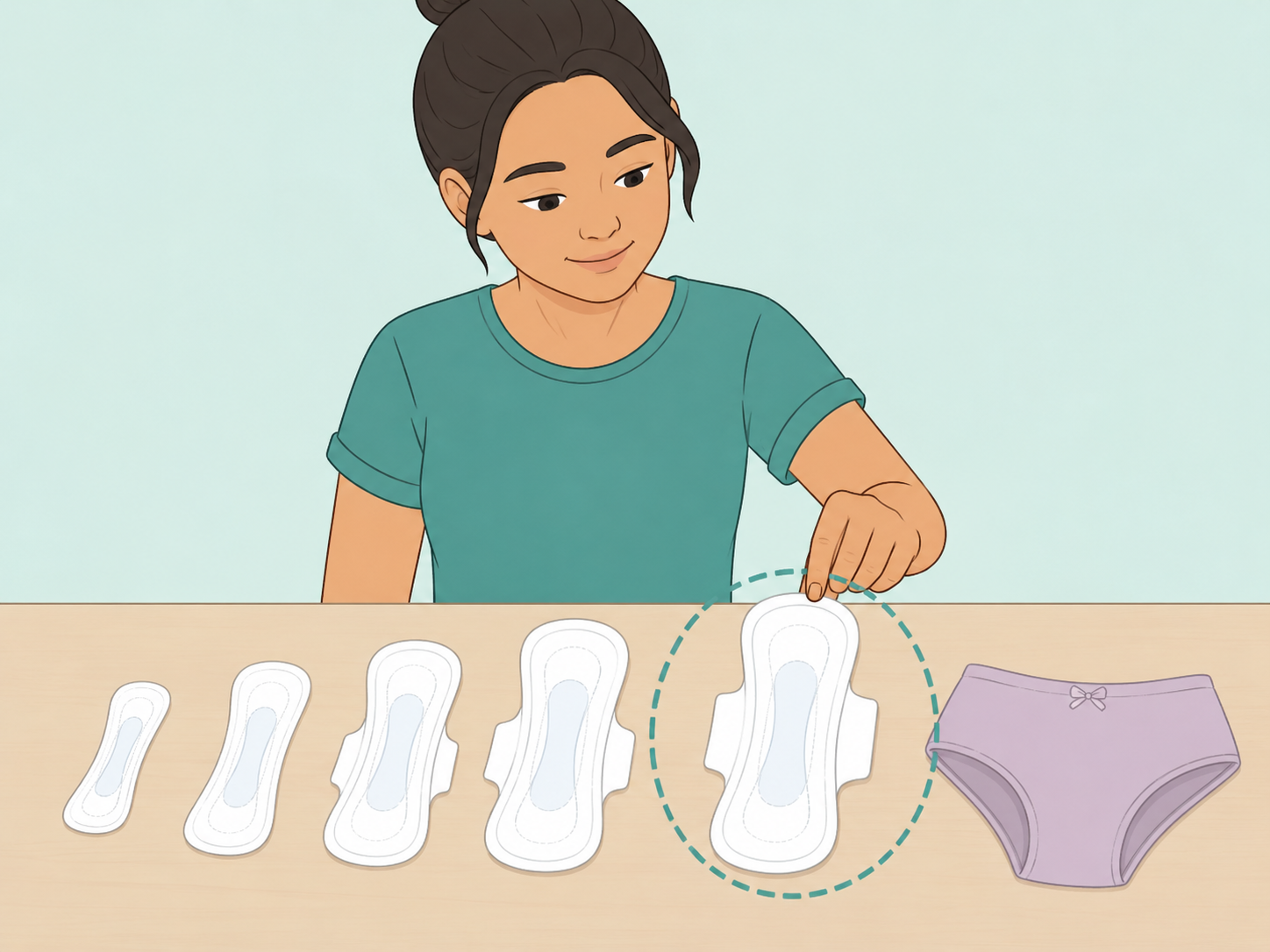 A person choosing a sanitary pad size that matches their flow and underwear.