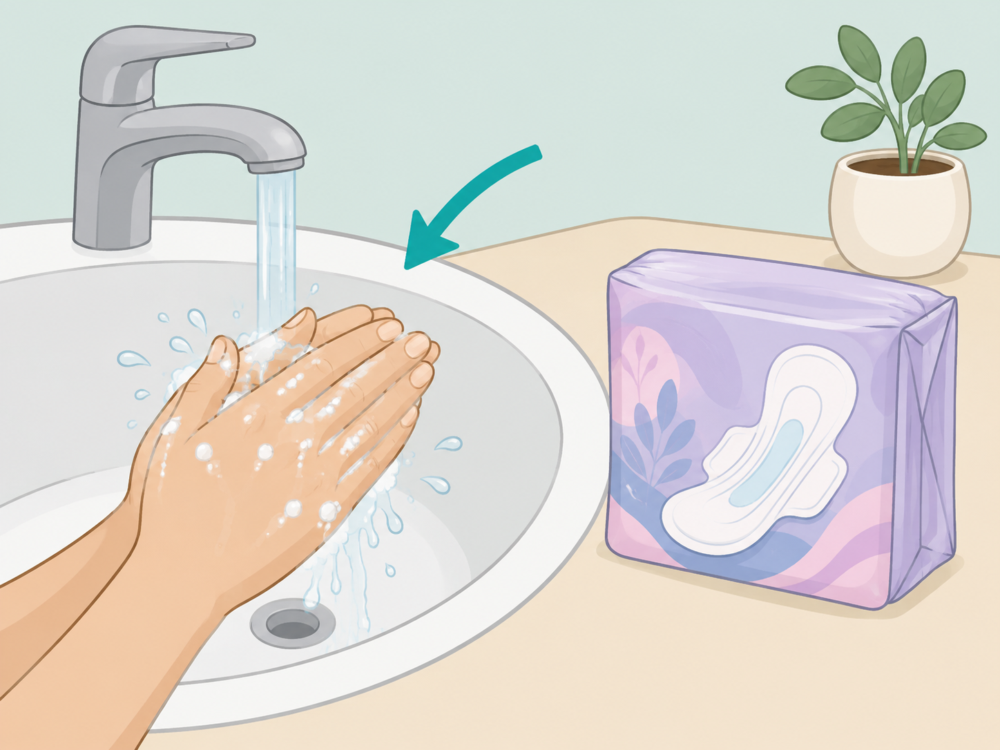 Hands being washed before changing a sanitary pad.