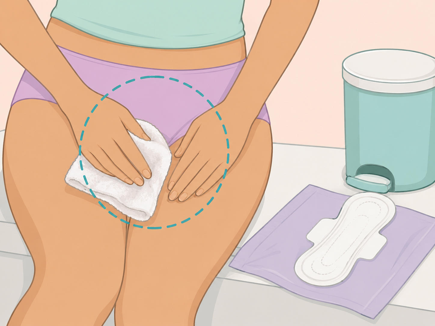 A person gently drying the vulvar area before putting on a fresh pad.