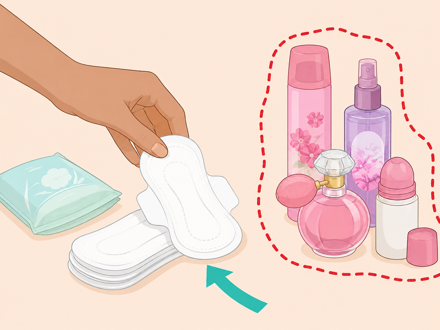 A hand choosing an unscented sanitary pad and avoiding fragranced products.