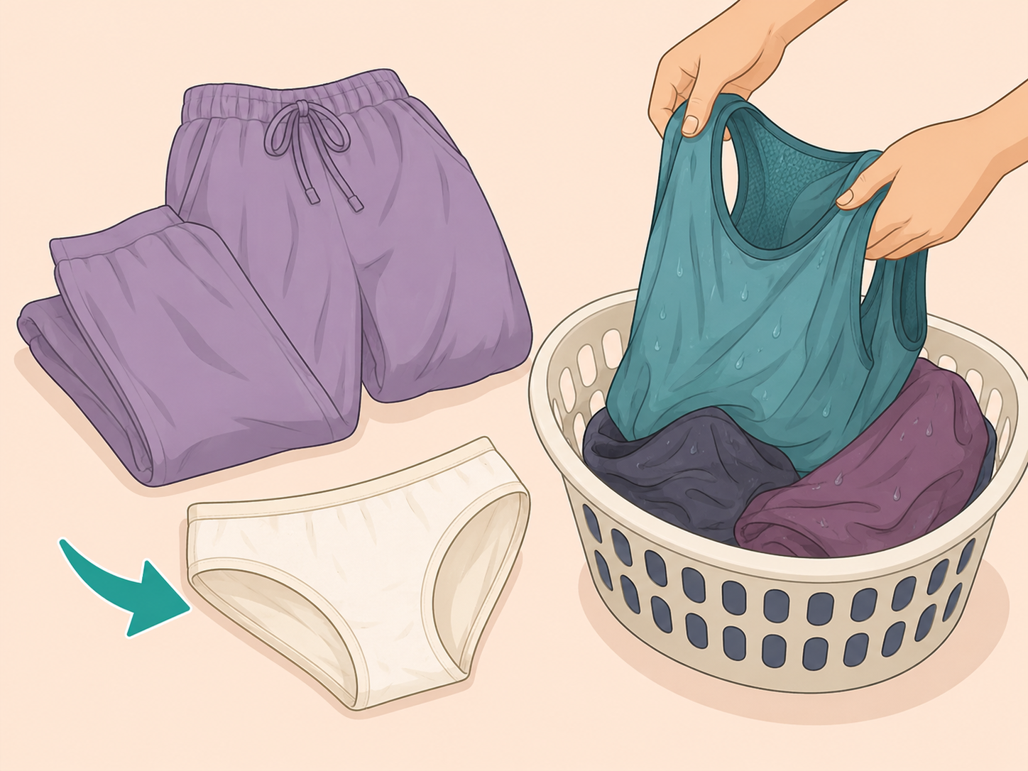 Cotton underwear chosen while damp workout clothes are put away.