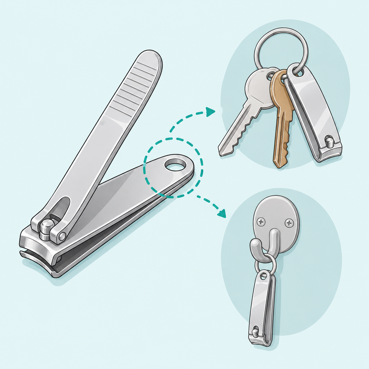 Illustration of a nail clipper with its small round hole highlighted for attaching a ring or hook.