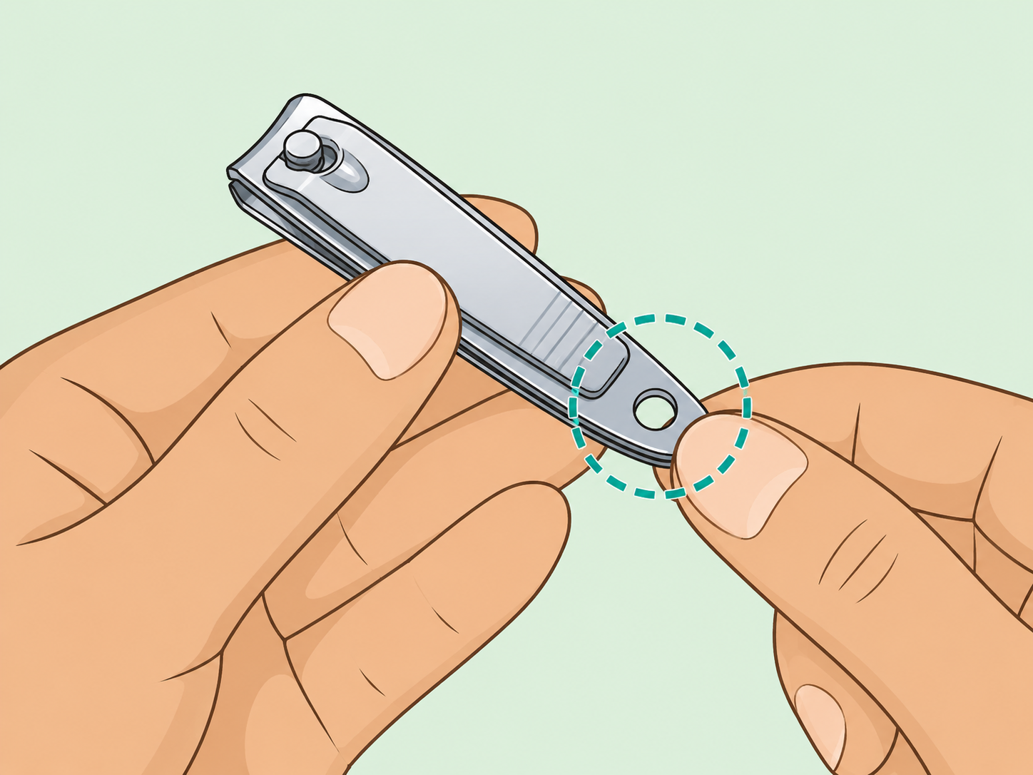 Hands identifying the small round hole on a nail clipper.