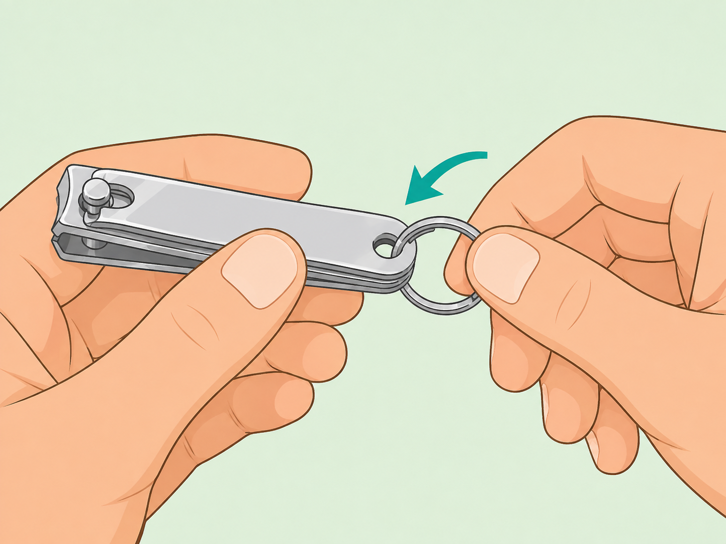 A small ring being attached through the hole in a nail clipper.