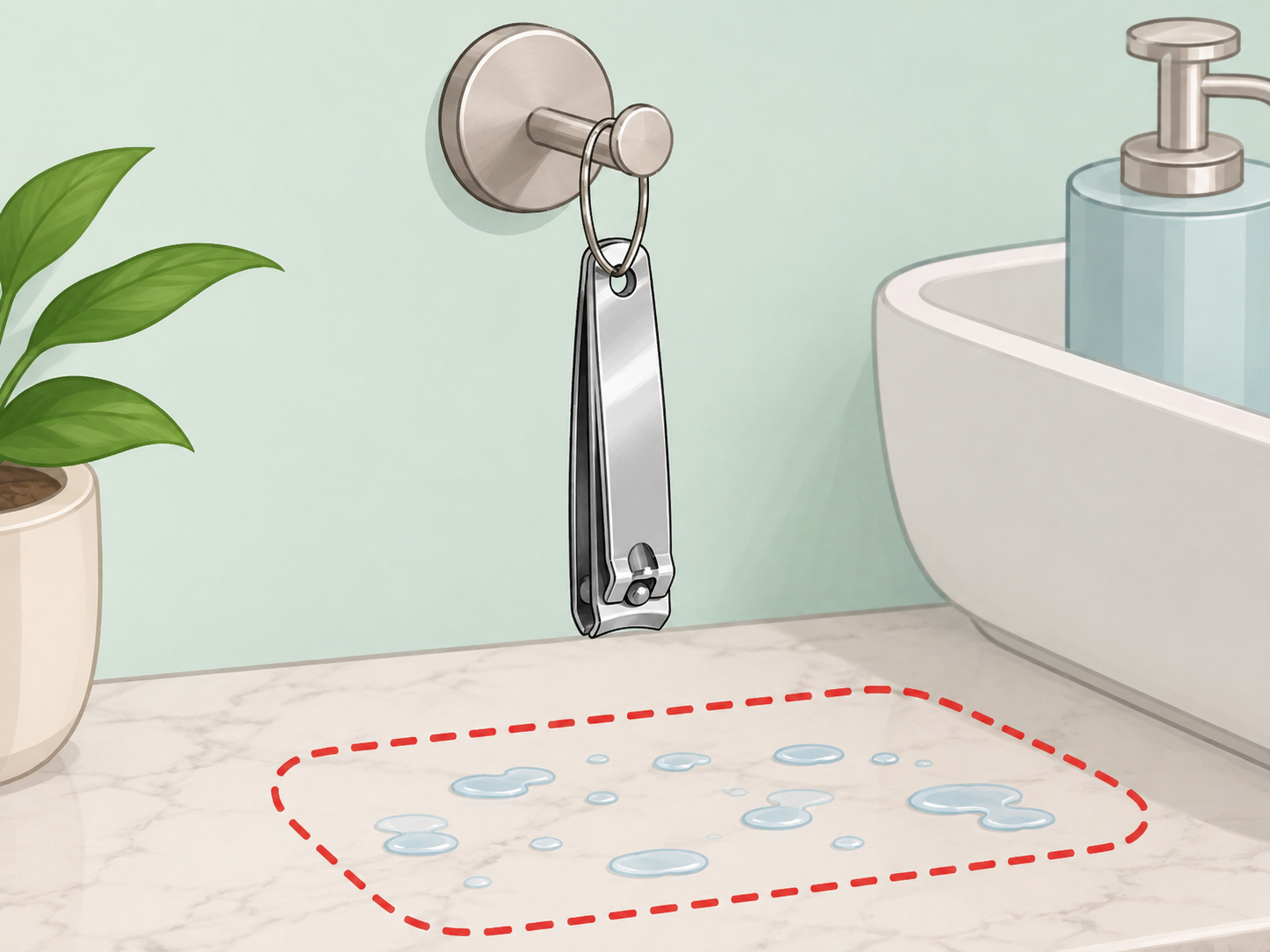 A nail clipper hanging dry from a hook instead of lying on a wet counter.