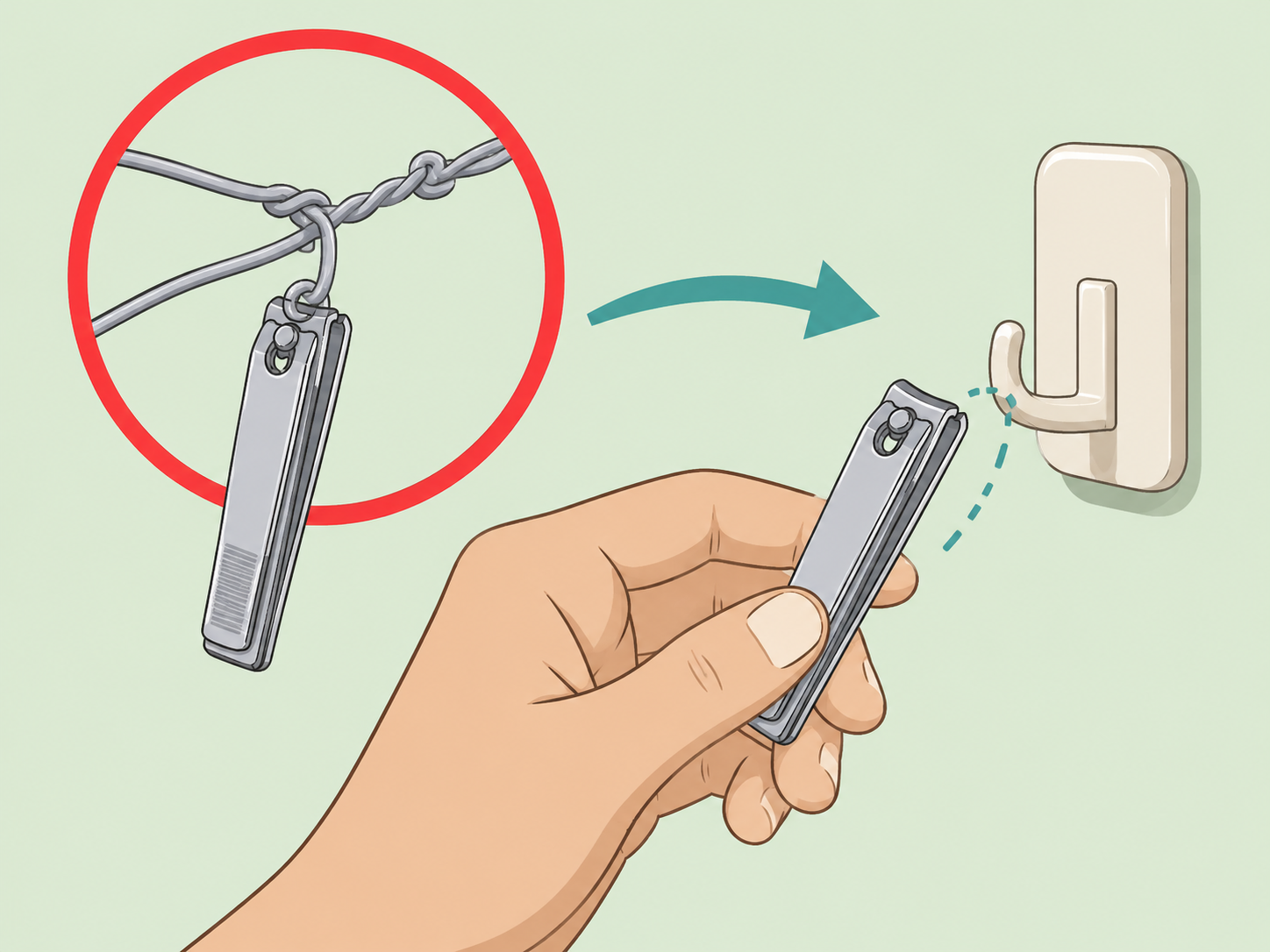 A nail clipper hole being used for storage instead of bending wire.