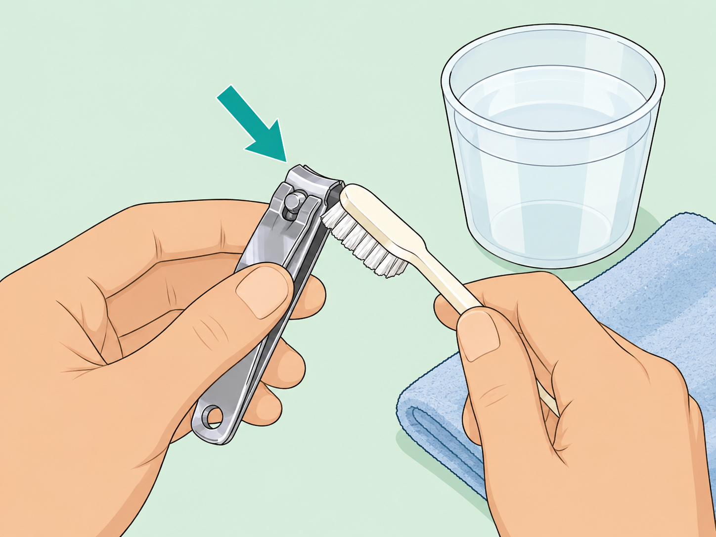 Hands cleaning a nail clipper with a brush before drying it.