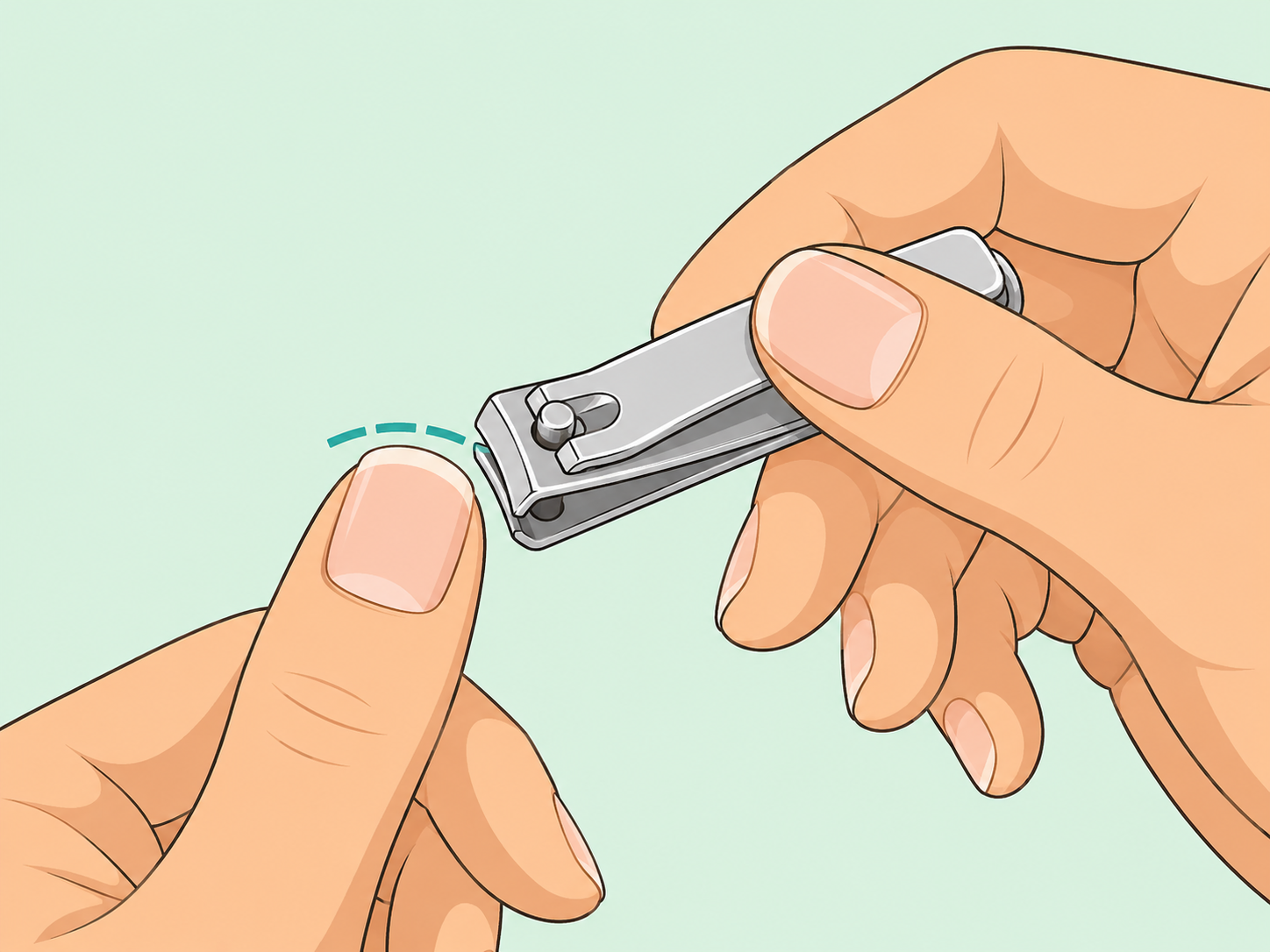 Hands trimming a fingernail safely with a nail clipper.