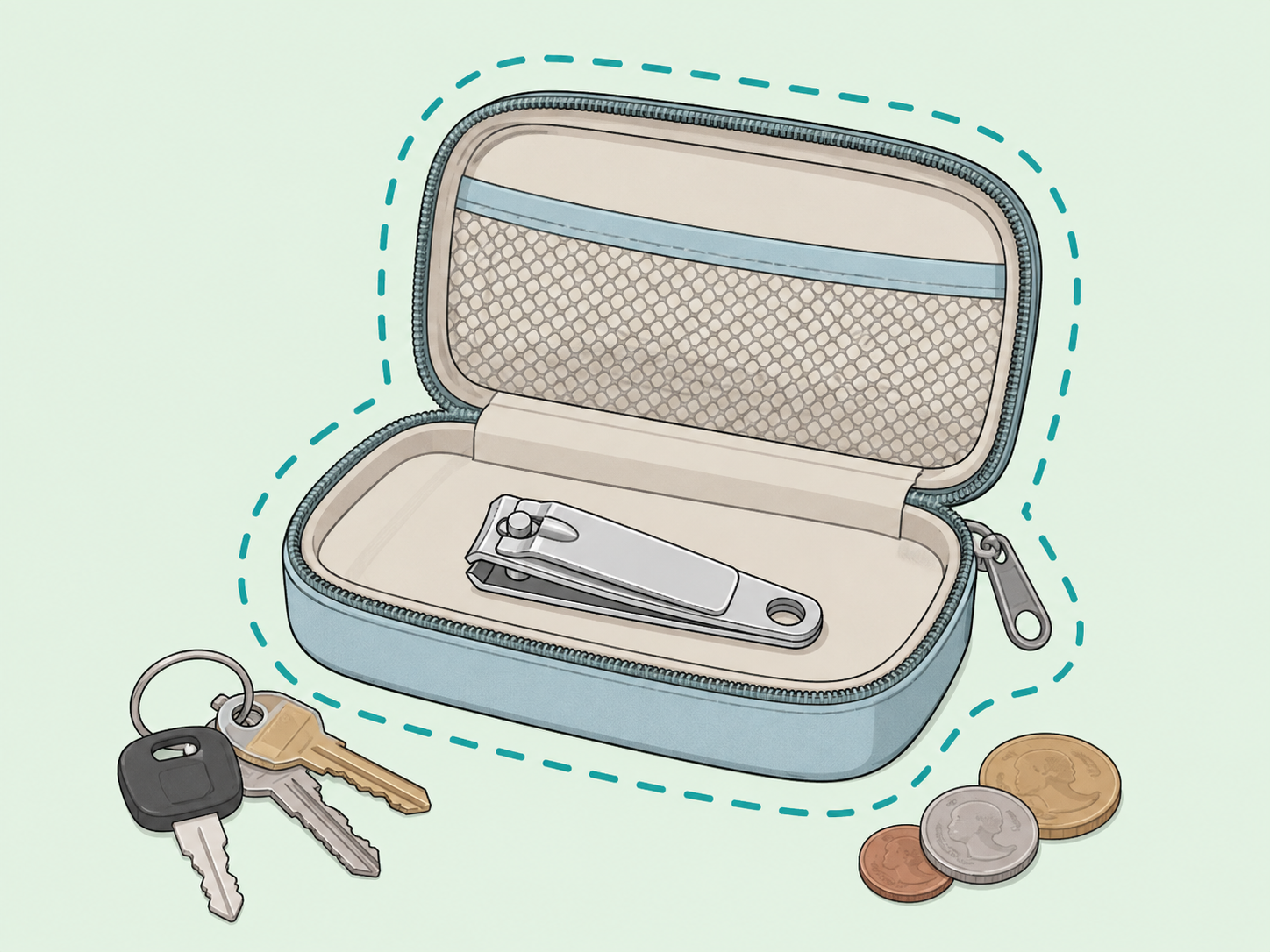 A nail clipper stored separately in a clean travel pouch.