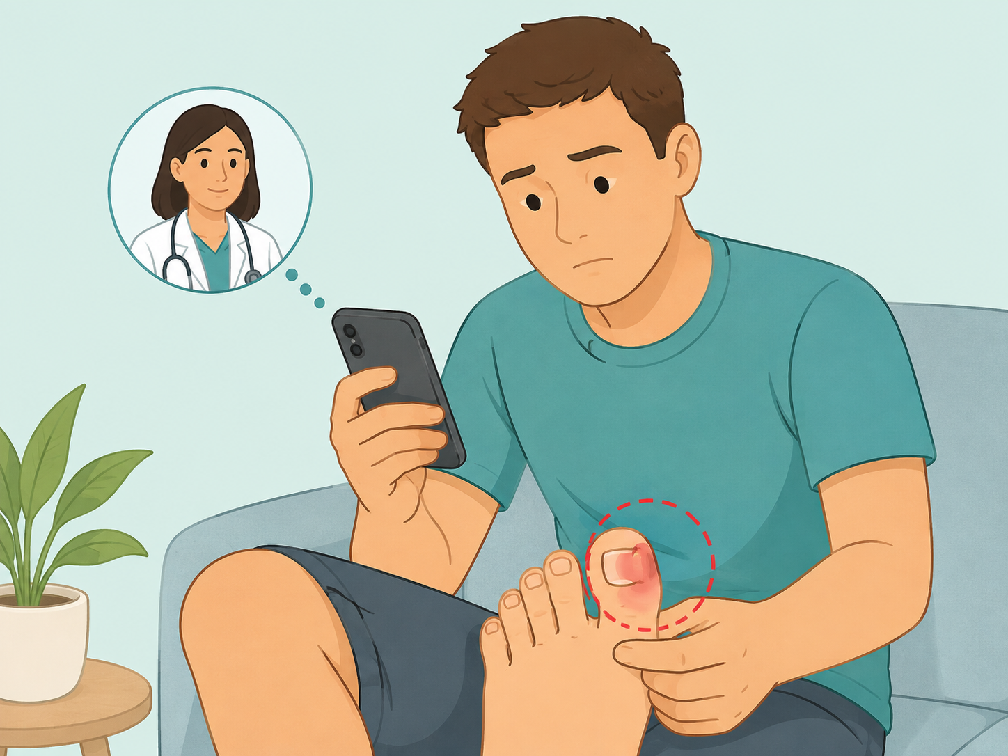 A person checking a painful toenail and preparing to seek medical advice.