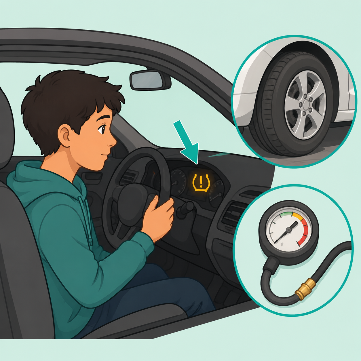 Illustration of a driver noticing a tire pressure warning light and preparing to check tire pressure.