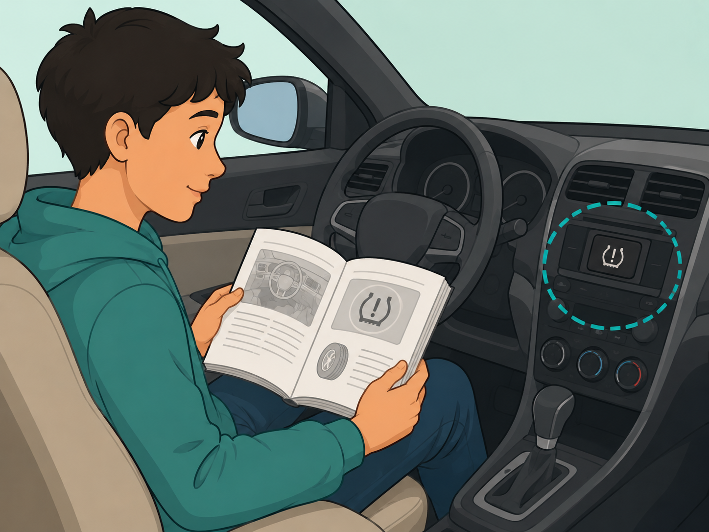 Person checking whether a car has a tire pressure monitoring system.