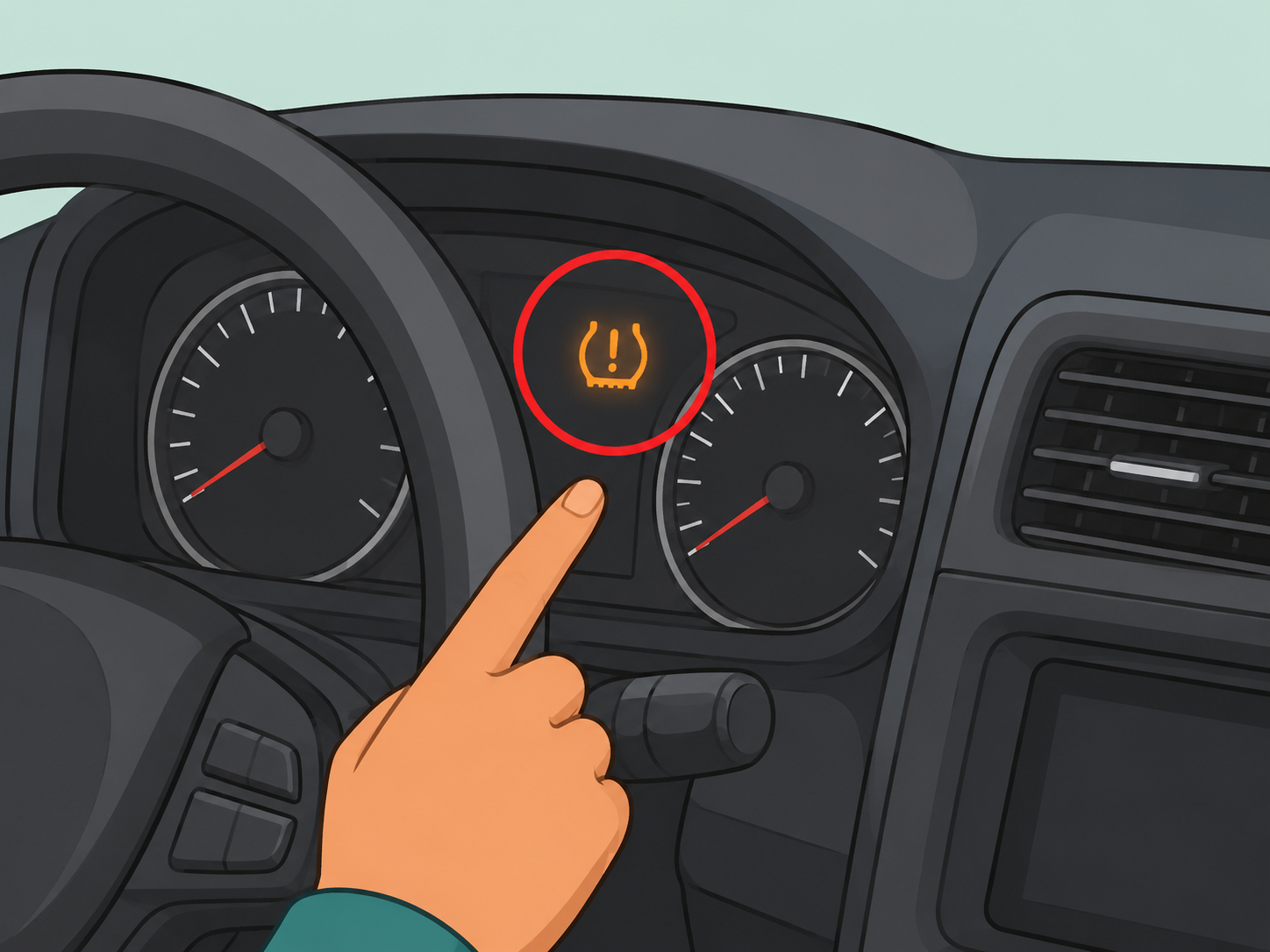 Driver identifying the tire pressure warning light on a dashboard.