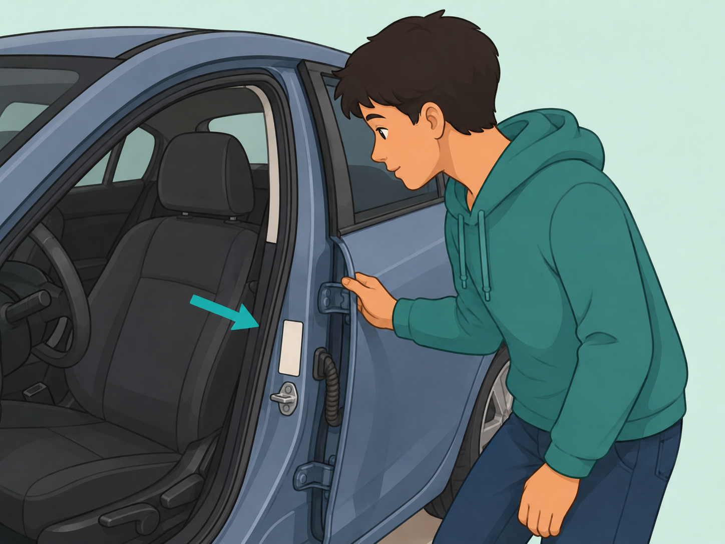 Person finding the tire pressure label on the driver's doorjamb.