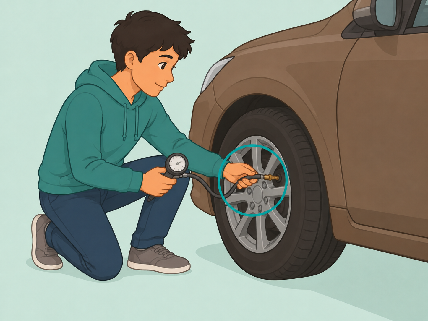 Person checking tire pressure with a gauge while the tire is cold.