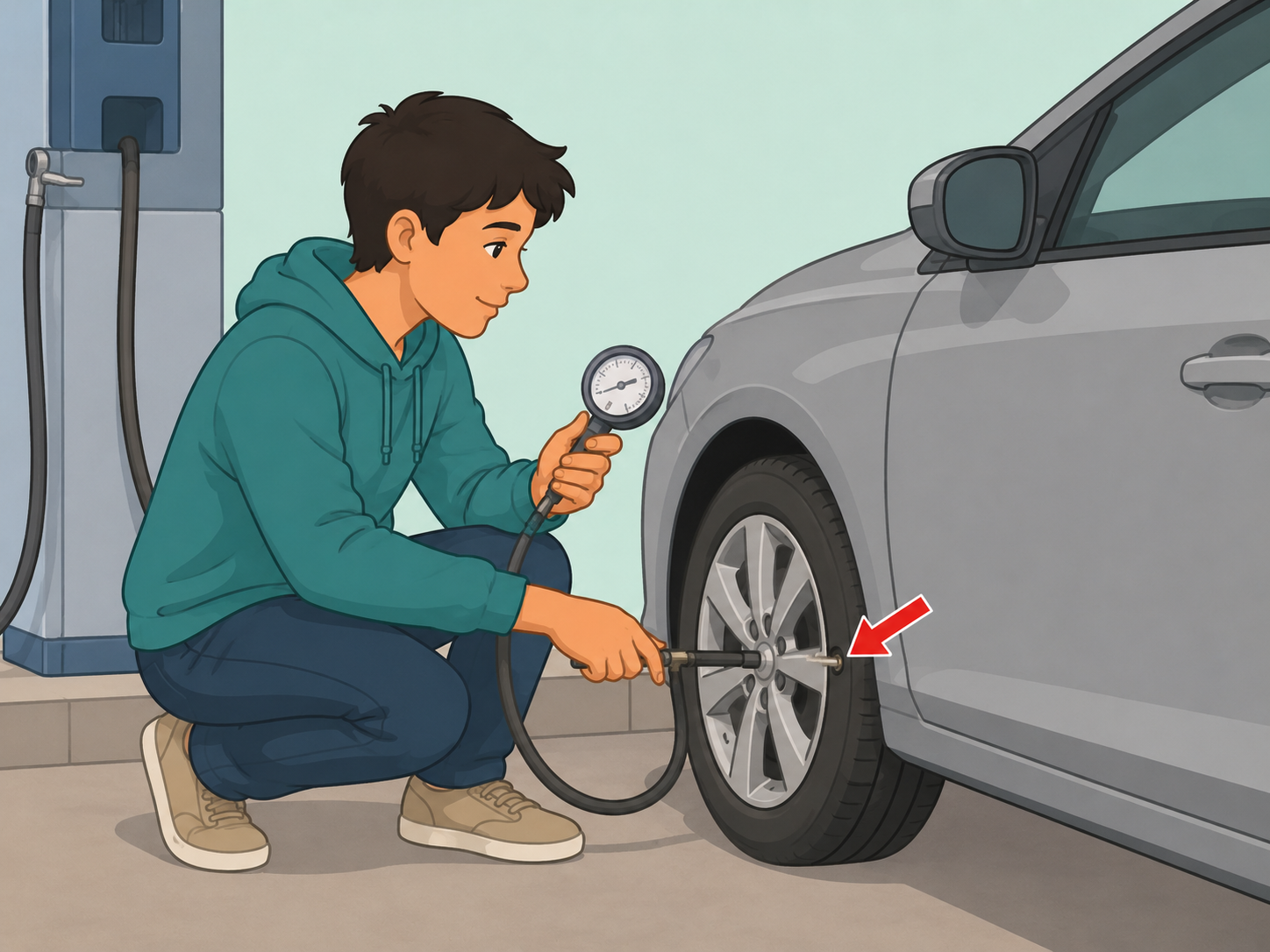 Person adding air to a tire after the TPMS warning light stays on.