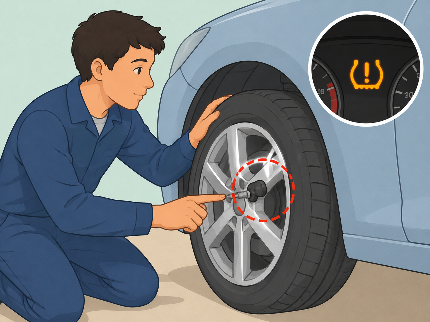 Mechanic inspecting a tire pressure monitoring sensor after a flashing warning light.