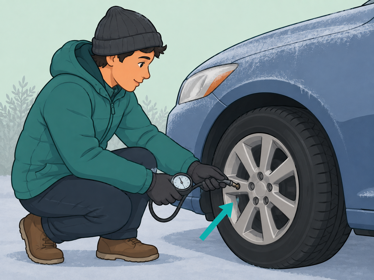 Person rechecking tire pressure after a cold morning.