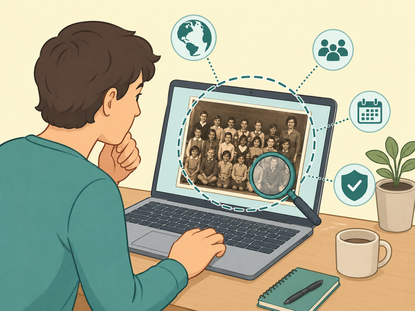 Person checking a viral old classmates photo on a laptop before sharing it.