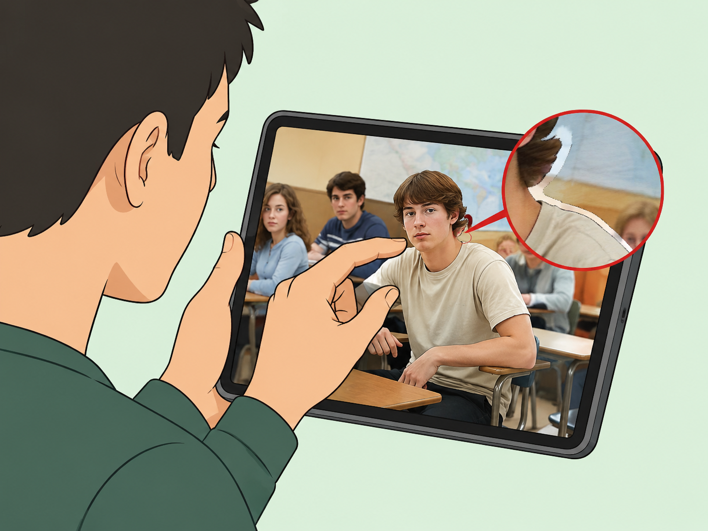 Person inspecting a photo closely for editing or missing context.