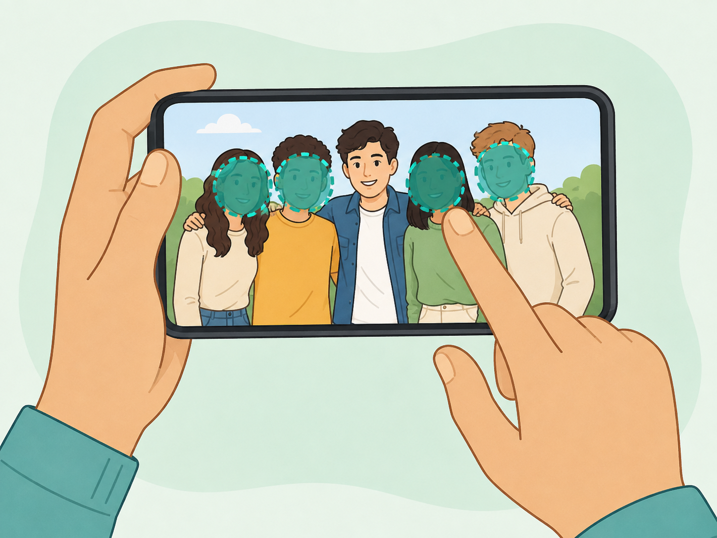 Person protecting privacy before sharing a group photo.