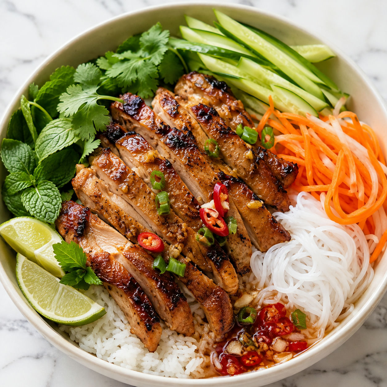 Vietnamese lemongrass chicken bowl with herbs, cucumber, lime, and pickled carrots