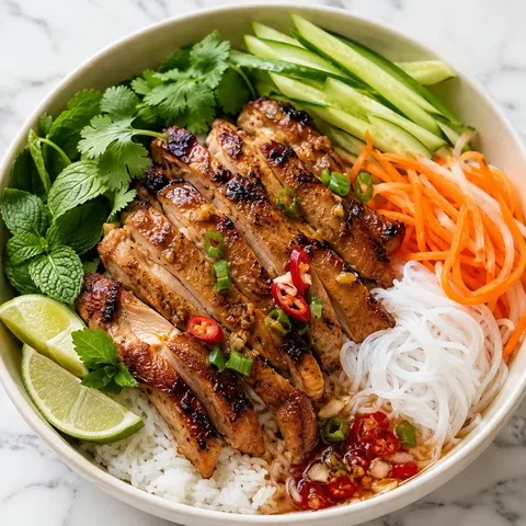 Vietnamese lemongrass chicken bowl with herbs, cucumber, lime, and pickled carrots