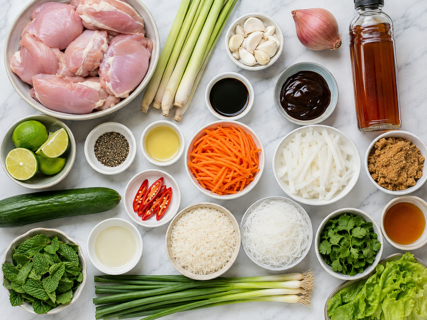 Ingredients for Vietnamese lemongrass chicken with herbs, rice, noodles, and vegetables