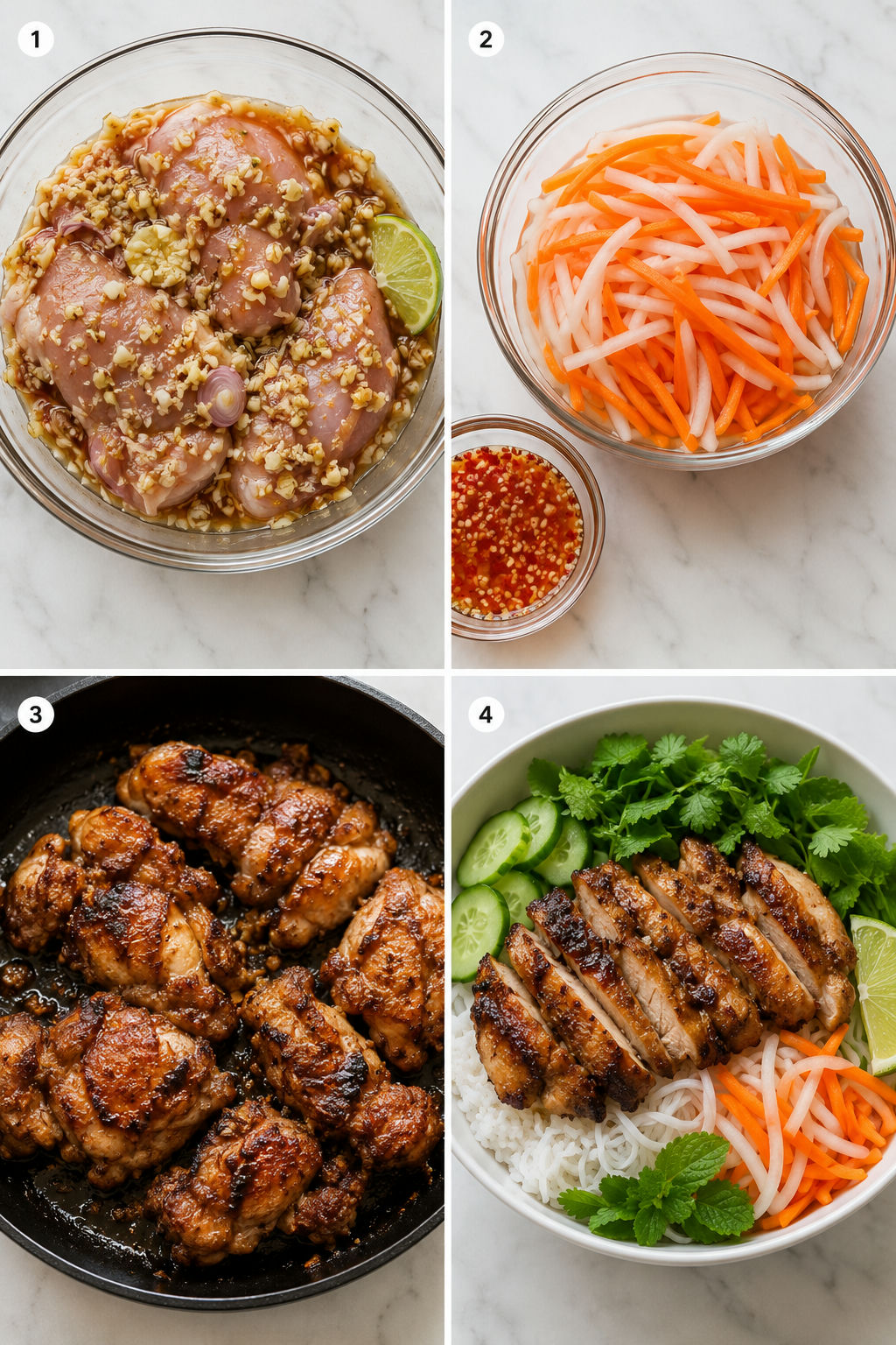 Four cooking steps for Vietnamese lemongrass chicken bowls