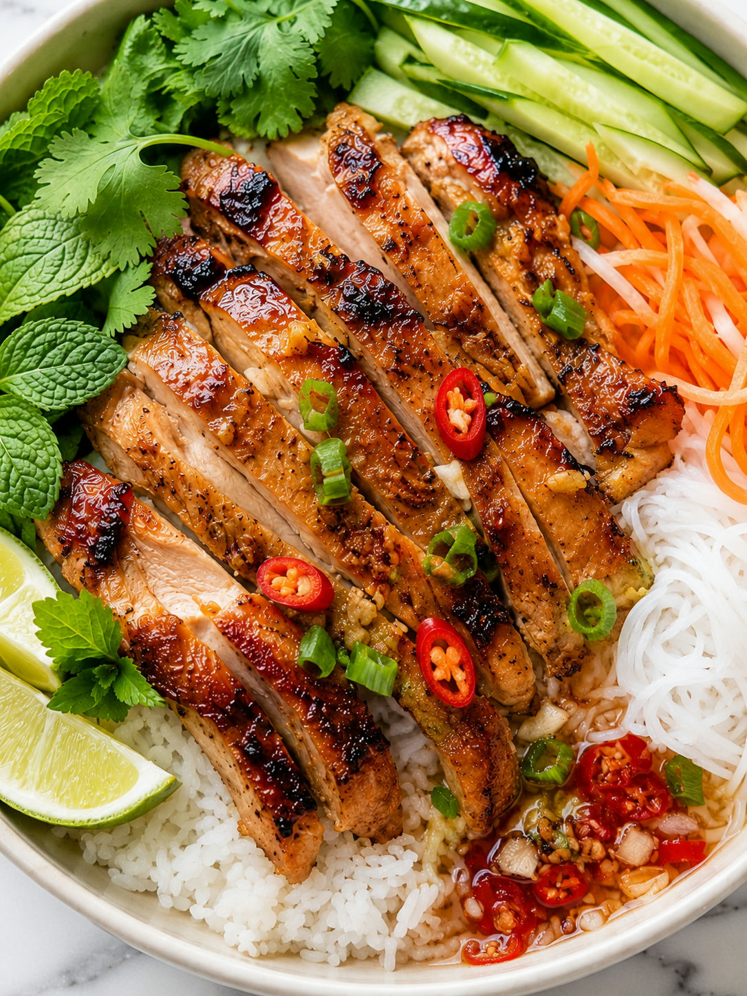 Vietnamese lemongrass chicken bowl with noodles, herbs, lime, and pickles