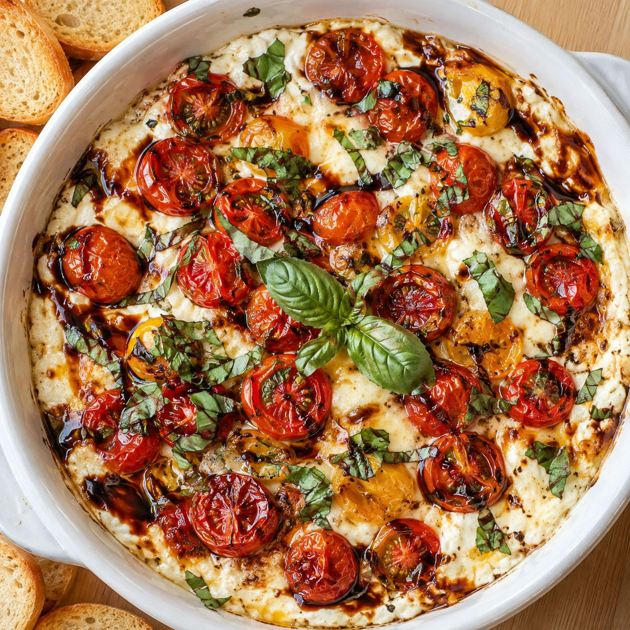 Warm cheesy roasted tomato dip with basil and toasted baguette slices