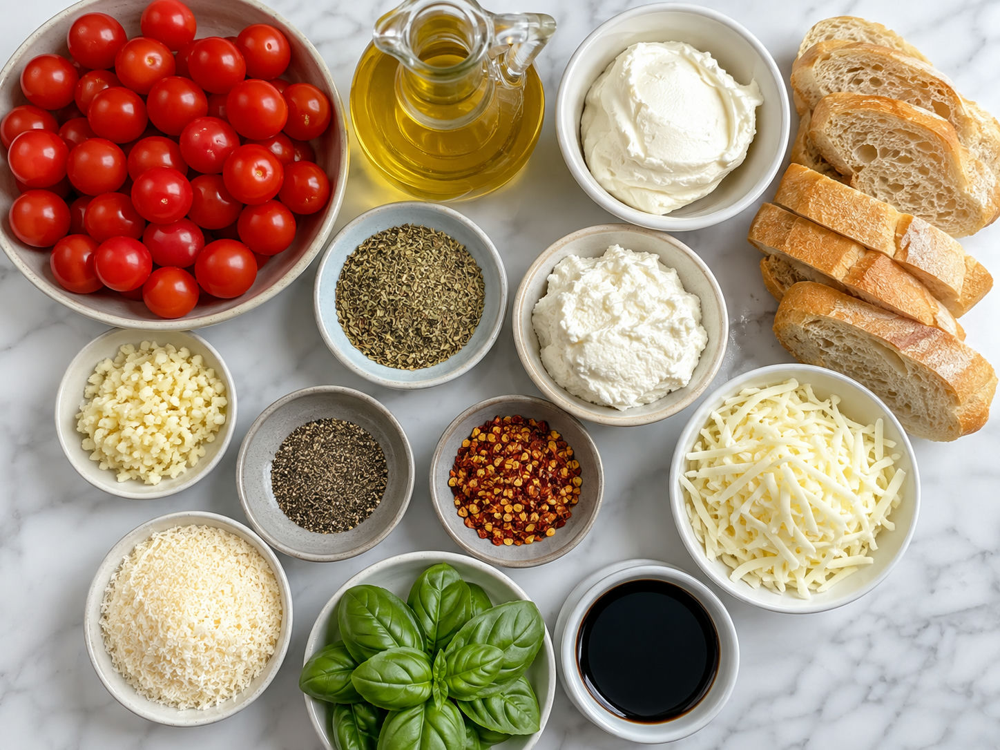 Ingredients for warm cheesy roasted tomato dip on a light wood surface