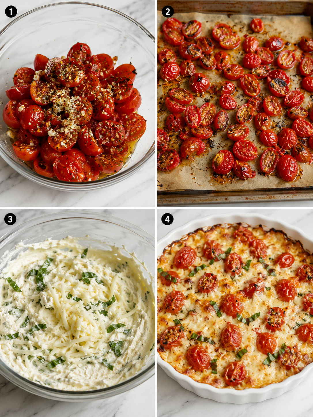 Four steps for making warm cheesy roasted tomato dip