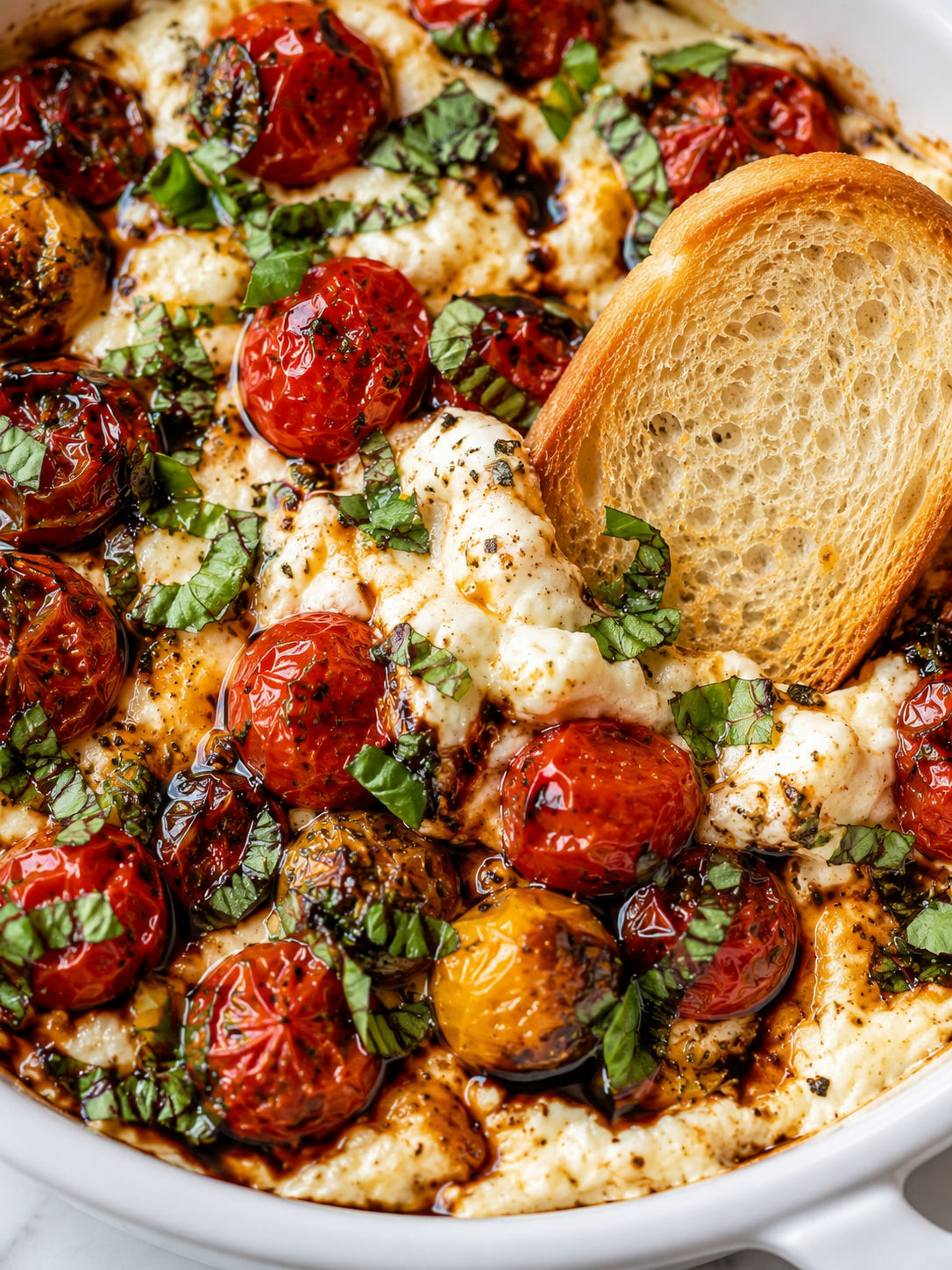 Bubbly roasted tomato cheese dip with basil and a toasted baguette scoop