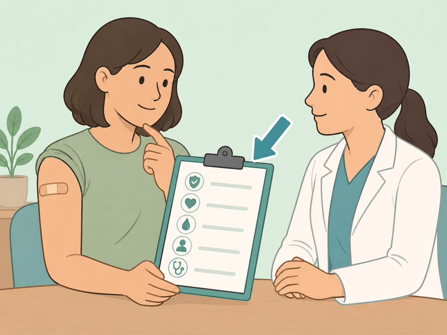 Person reviewing COVID-19 vaccine side effect warning signs with a healthcare professional.
