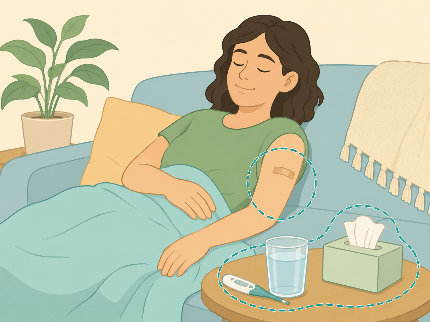 Person resting with mild vaccine side effects after a COVID-19 shot.