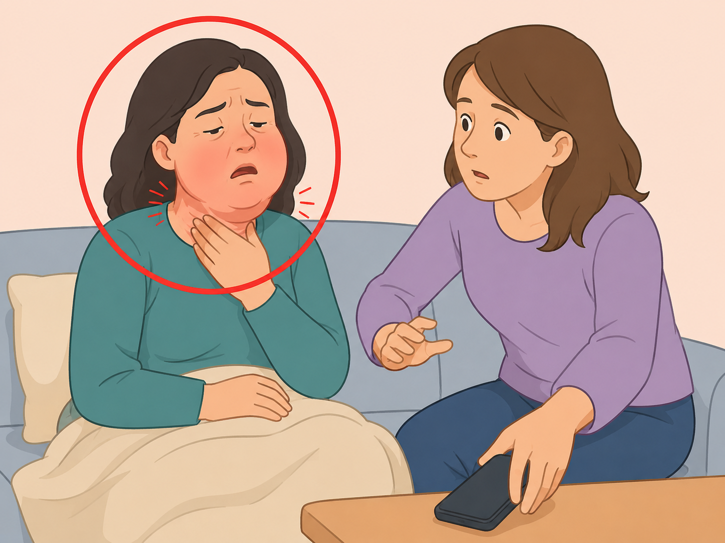 Caregiver recognizing severe allergic reaction warning signs after vaccination.