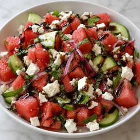 Watermelon feta salad with cucumber, mint, and balsamic glaze