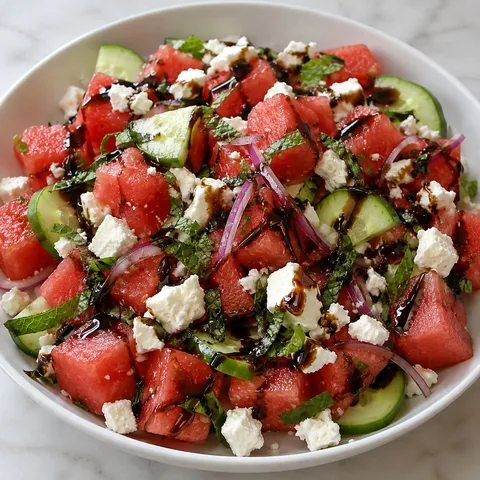 Watermelon feta salad with cucumber, mint, and balsamic glaze