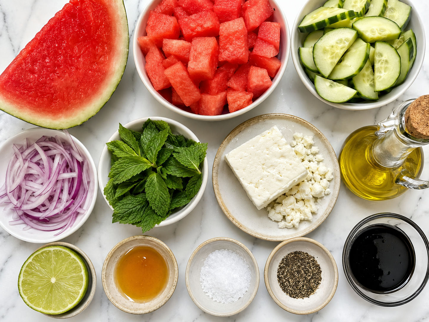 Ingredients for watermelon feta salad with mint and balsamic glaze