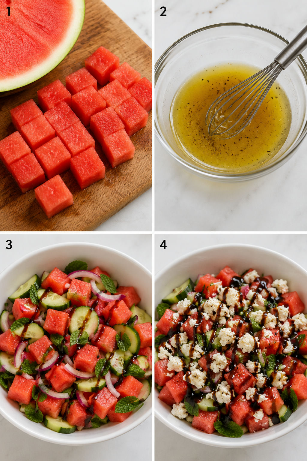Steps for making watermelon feta salad with balsamic glaze