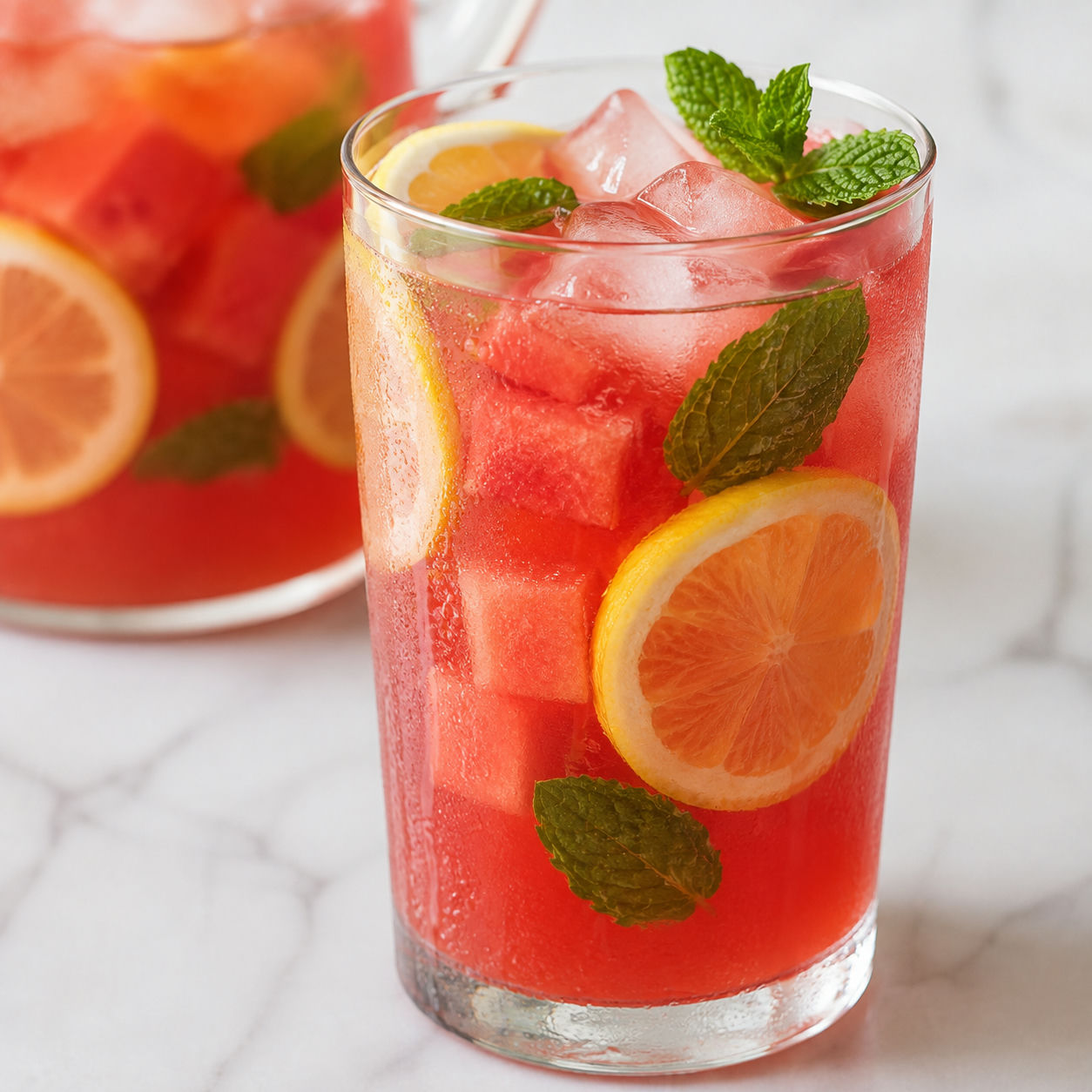 Watermelon lemon sweet tea with ice, lemon, mint, and watermelon cubes