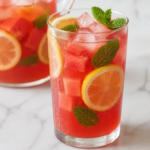 Watermelon lemon sweet tea with ice, lemon, mint, and watermelon cubes