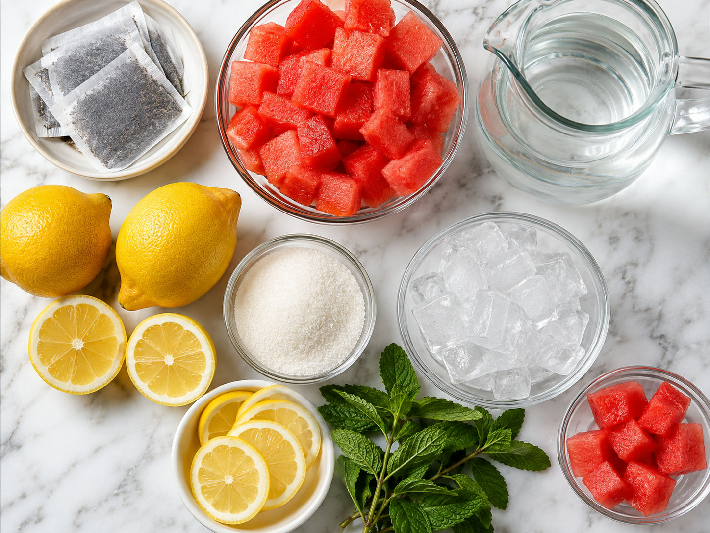 Ingredients for watermelon lemon sweet tea with tea, watermelon, lemons, sugar, and mint